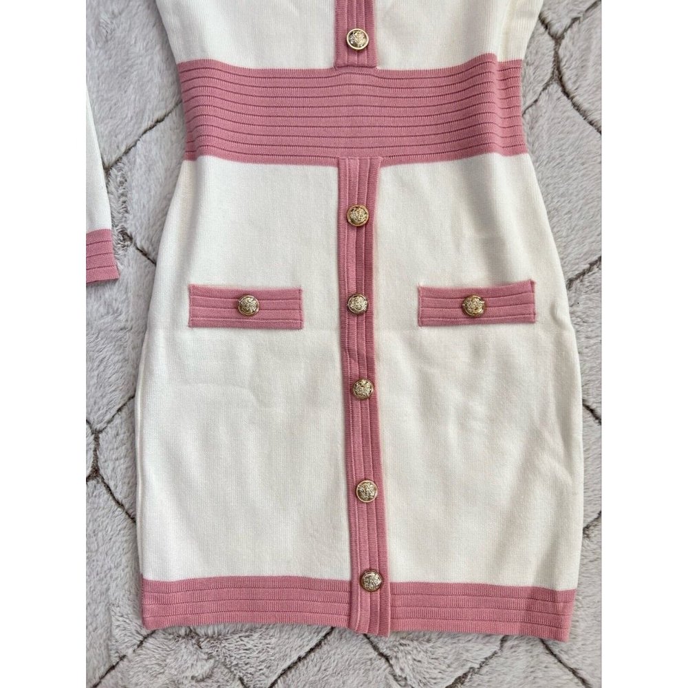 DAIMARAN Bombay Women's Dress Bodycon White Pink With Buttons Long Sleeves S - Picture 4 of 6